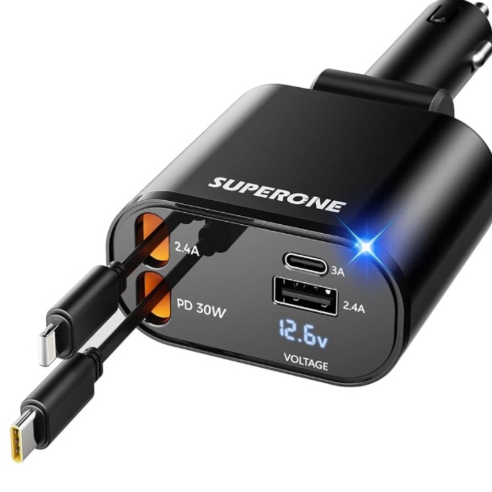 4 in 1 Retractable Car Charger, iPhone and android Fast Charging Adapter